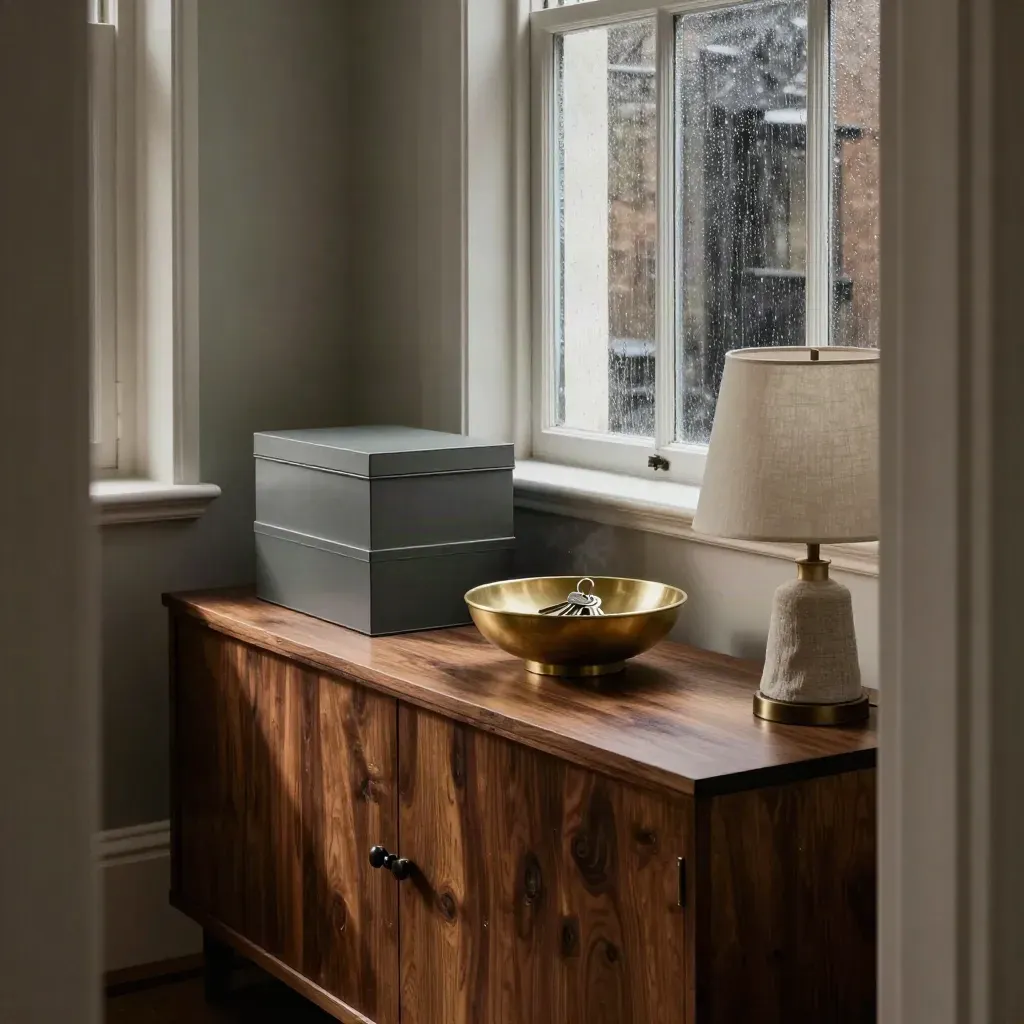 London hallway sideboard with archive boxes, brass key bowl, savings tin and rain-dark window.