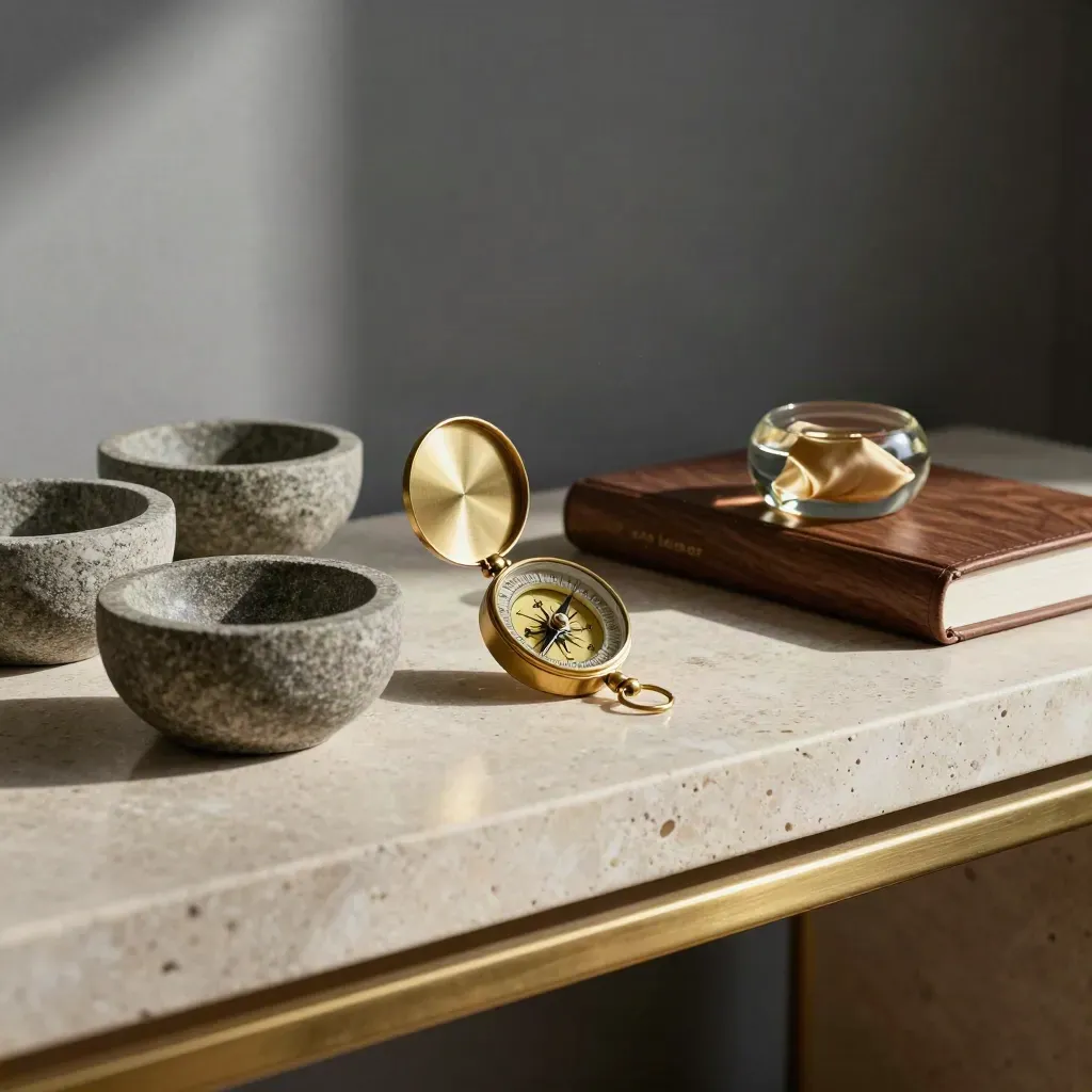 Brass compass, stone bowls, gold paperweight and portfolio box on a travertine console