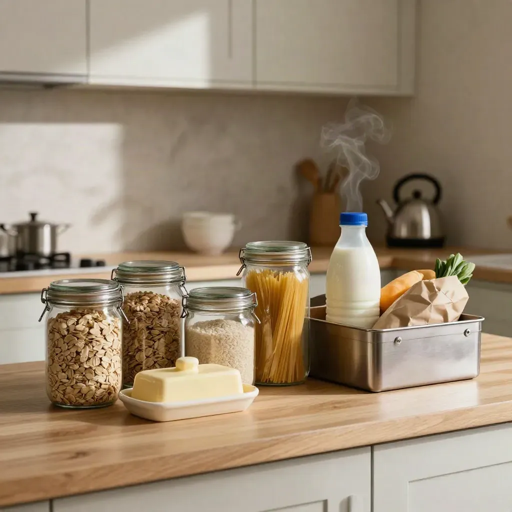 Budgeted kitchen groceries beside pantry jars and a closed utility box in warm window light