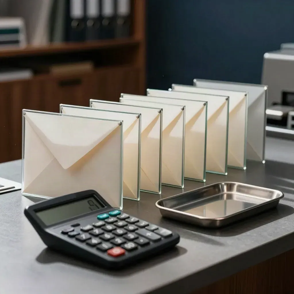 Glass debt sleeves, calculator and tray on a dark counter in a finance office