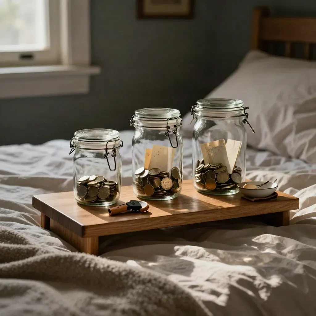 Three savings jars and a key fob on a bedside shelf in warm late-afternoon light.