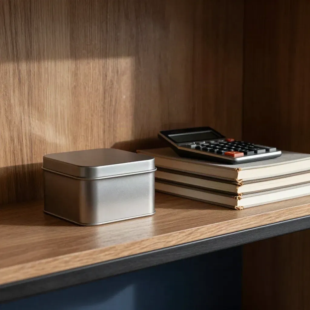 Studio shelf with a tax tin, calculator and stacked sketchbooks in soft daylight.