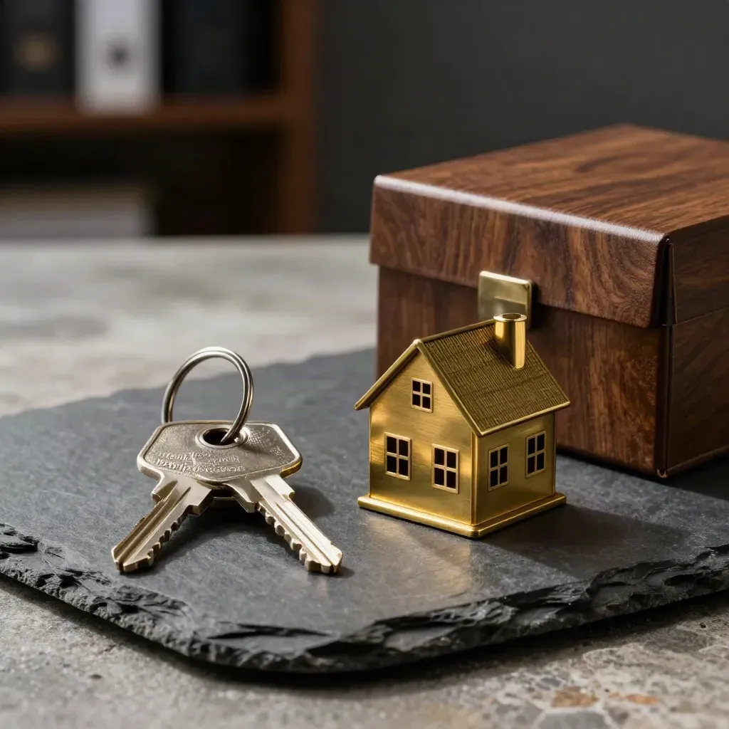 House keys, brass house model, and property box on slate in dramatic mortgage still life