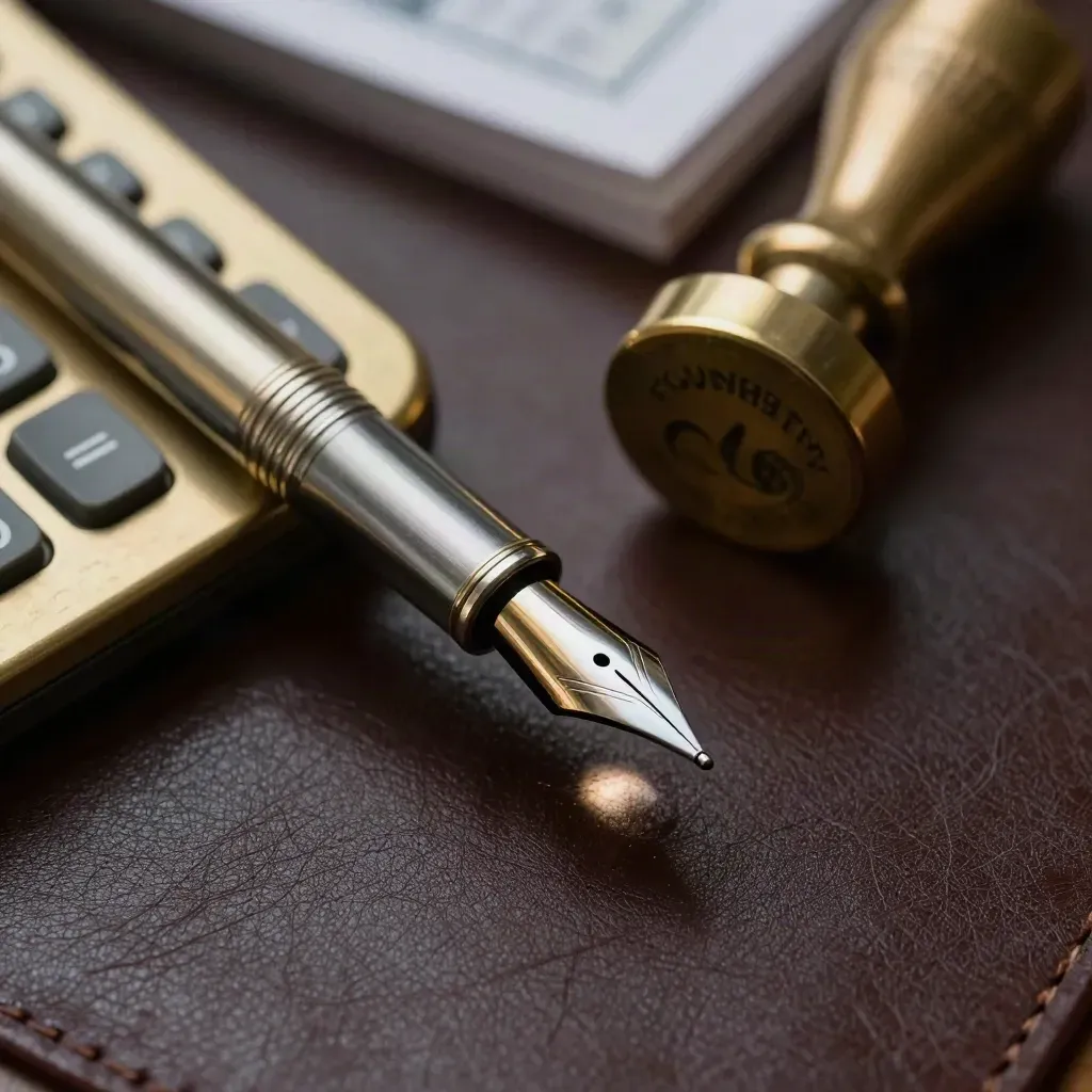 Macro of a brass calculator corner, fountain pen nib and engraved stamp on dark leather.