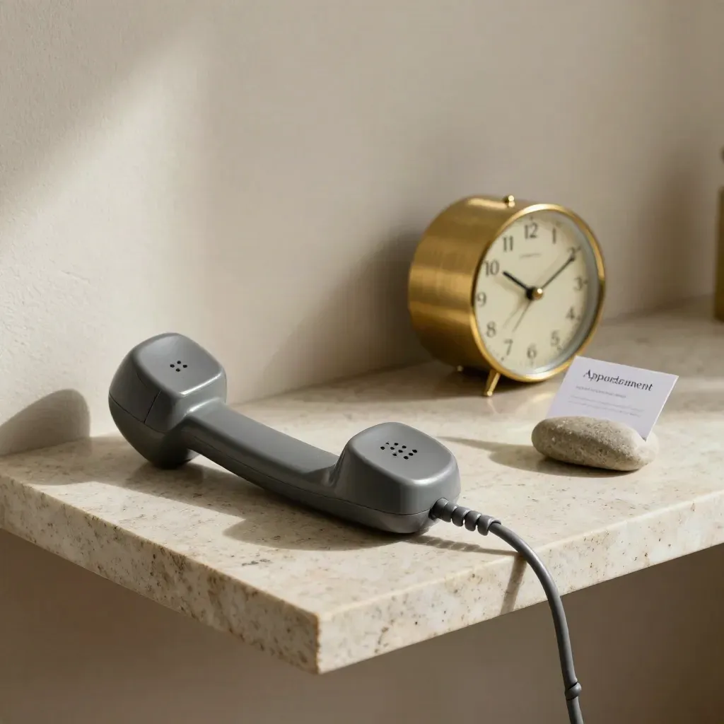 Cordless handset, brass clock, and face-down appointment card on a stone shelf.
