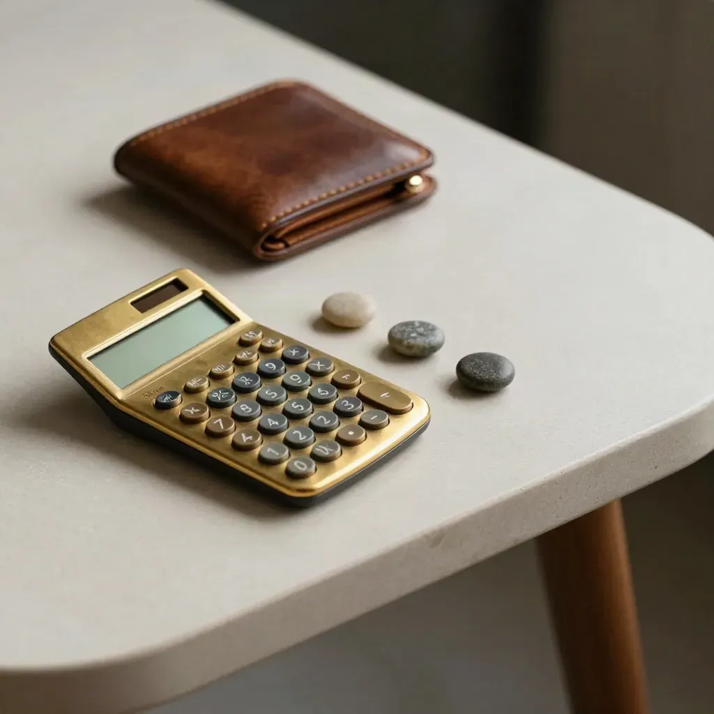 Brass calculator, three stone tokens, and a closed leather wallet on a pale plaster side table.