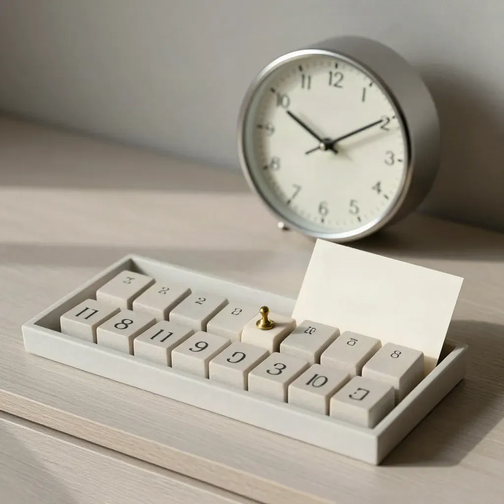 Wall clock, calendar blocks and brass marker on pale wood, tracking progress
