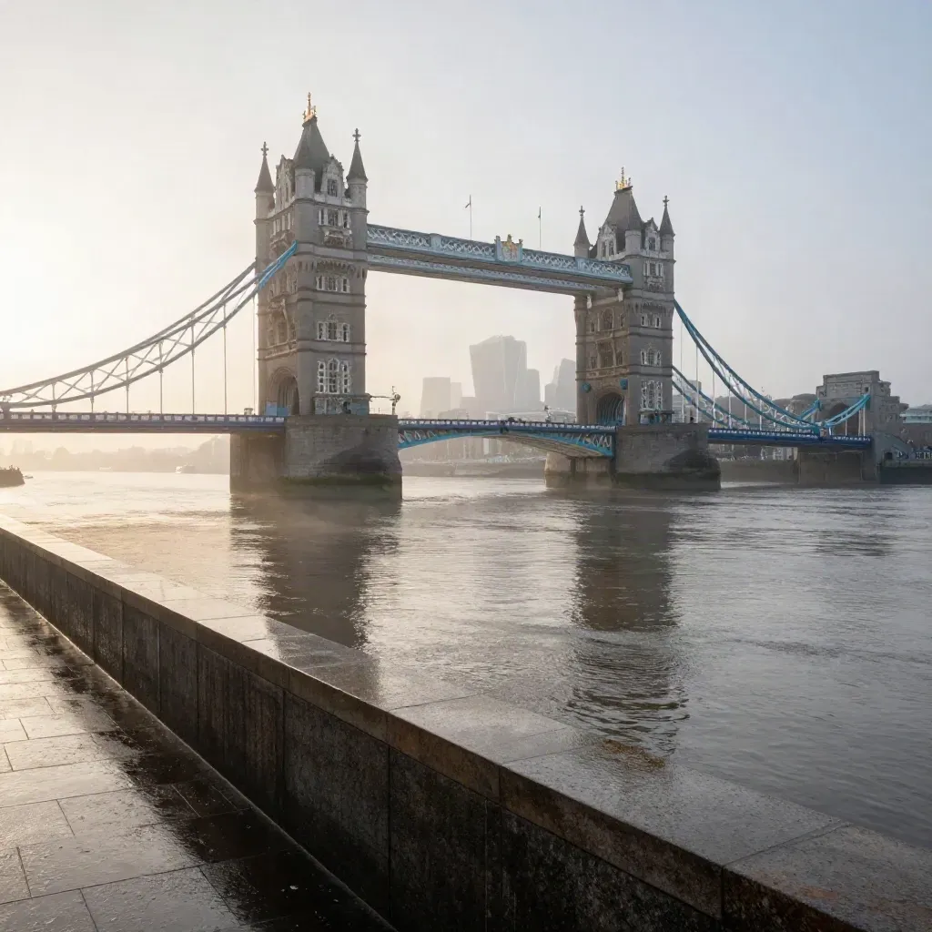 Mist lifting over Tower Bridge and the Thames at sunrise, with calm water below for copy.