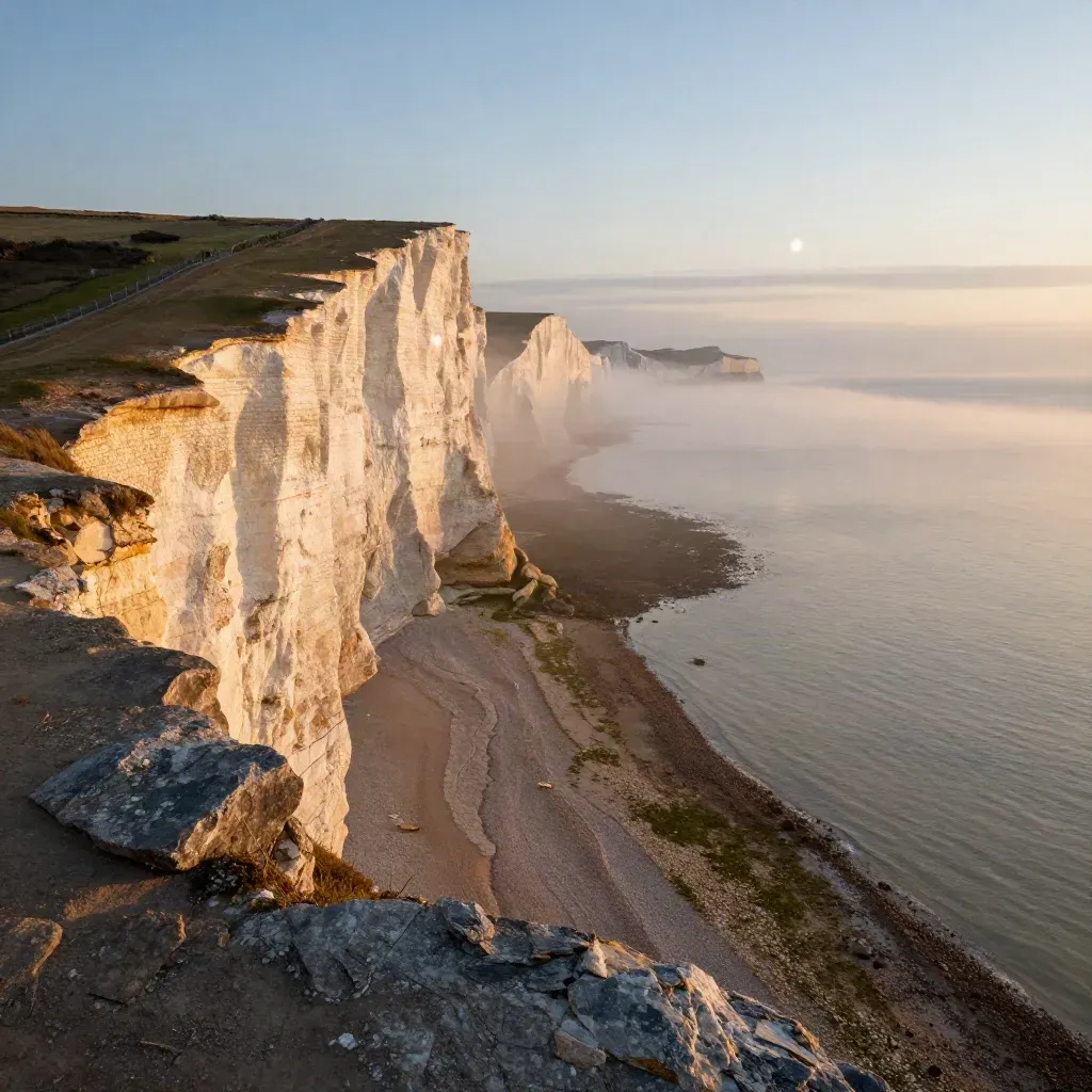 Golden-hour chalk cliffs over calm sea haze in South East England, with open water below.