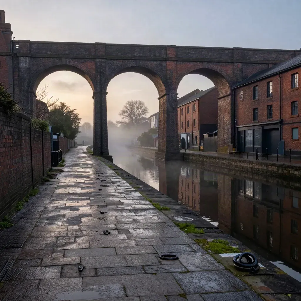 Blue-hour canal corridor with brick viaducts, dark warehouses and misty reflections in the West Midlands.
