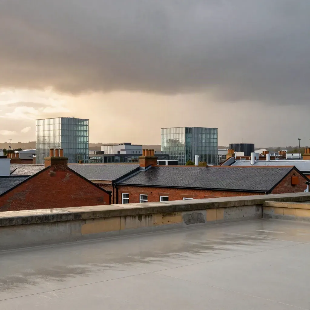 Rain-washed North West skyline over a calm stone rooftop surface at sunset.